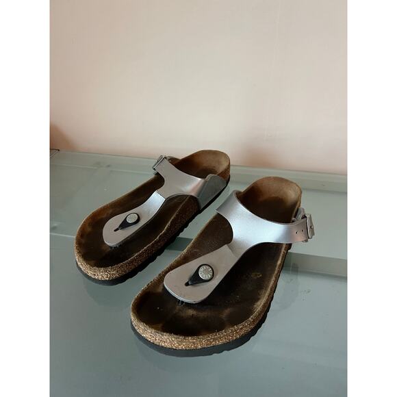 BIRKENSTOCK GIZEH SILVER METALLIC BIRKO FLOR SANDALS THONGS 40 WOMEN 9 leather - Picture 1 of 9